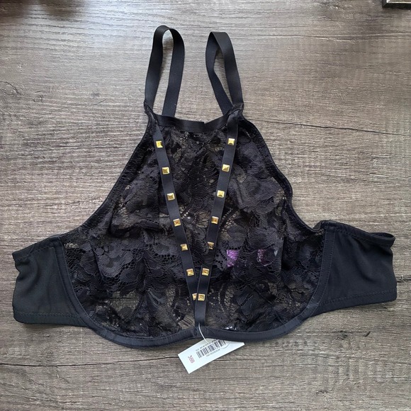 Adore Me Other - Adore Me Emmeline Black Lace Studded Halter Plunge Bra 38B Jet Black NWT